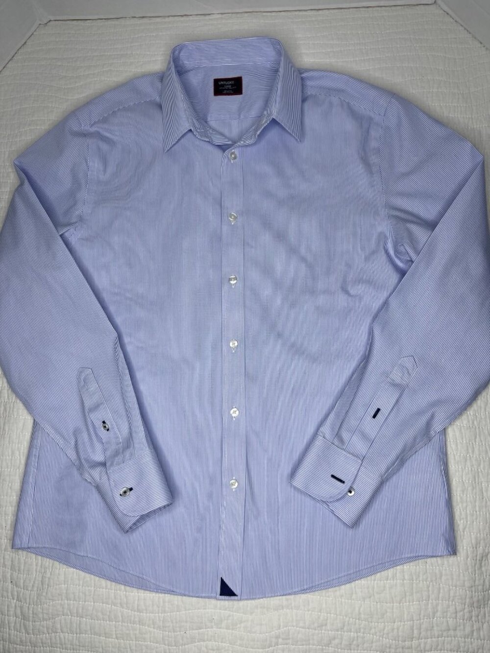 Untuckit Mens Wrinkle-Free Button-Down Long Sleeve Shirt L Reg Fit Blue Striped